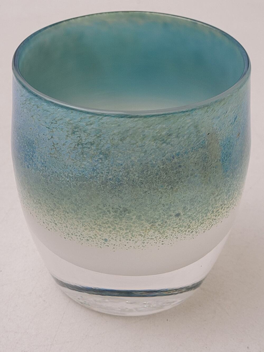 glassybaby "Mother Earth" Iridescent Blue Green Glass Votive Candle Holder w Tag